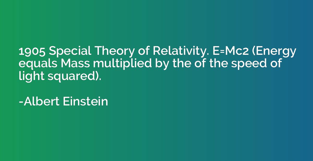 1905 Special Theory of Relativity. E=Mc2 (Energy equals Mass