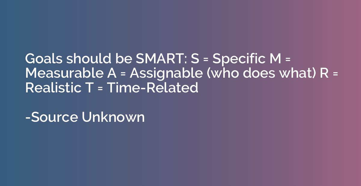 Goals should be SMART: S = Specific M = Measurable A = Assig