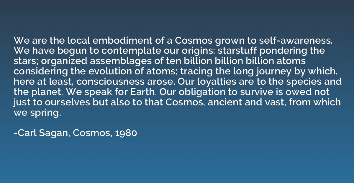 We are the local embodiment of a Cosmos grown to self-awaren